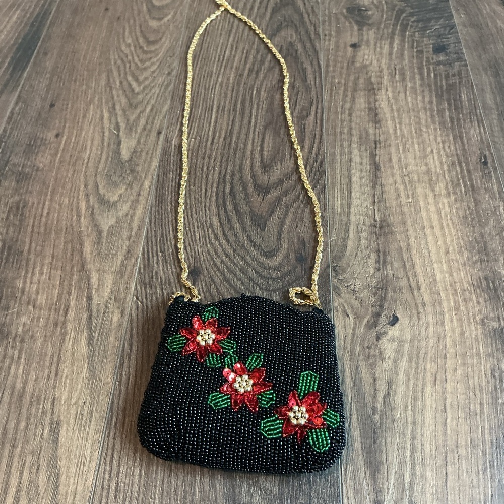 Vintage Beaded Floral Mini Purse Black Red Festive Cottagecore Retro Whimsical